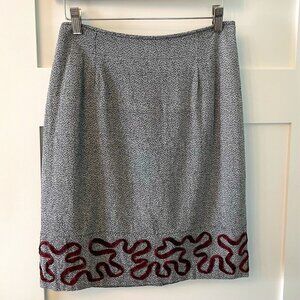Vintage 80s Rayon Office Knee Length Gray and Maroon Skirt